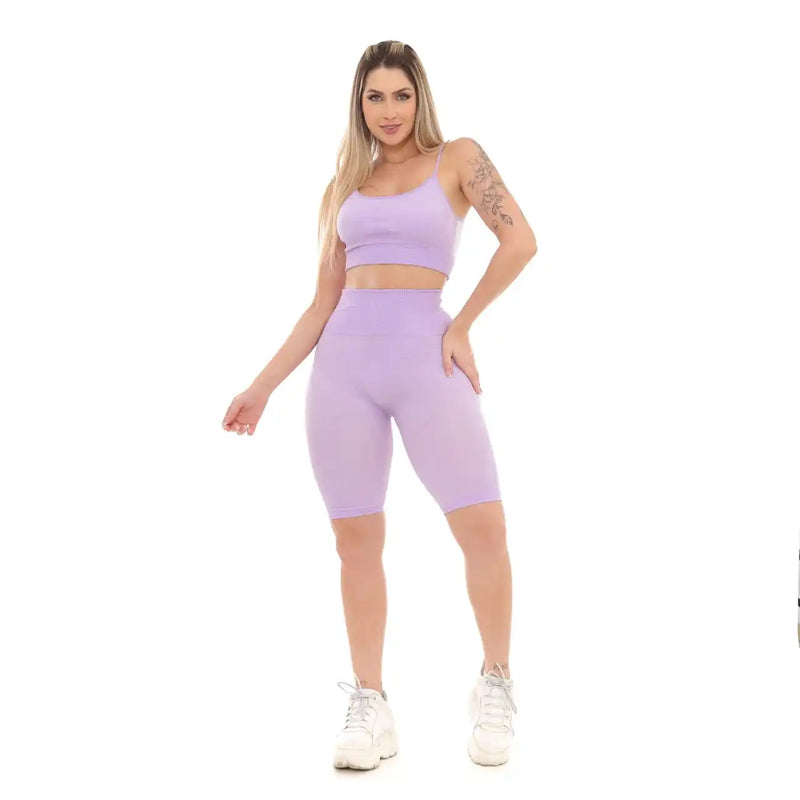 Conjunto Top e Bermuda Academia Fitness – Modelagem Perfeita para Empinar e Levantar o Bumbum em Lilás FRETE GRATES