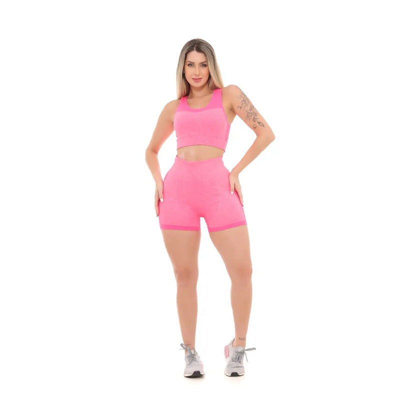 Kit Shorts, Top e Calça Legging para Academia – Levanta e Empina o Bumbum em Rosa – Moda Fitness Completa e Confortável FRETE GRATES