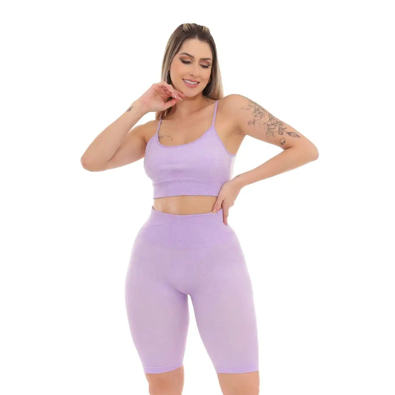 Conjunto Top e Bermuda Academia Fitness – Modelagem Perfeita para Empinar e Levantar o Bumbum em Lilás FRETE GRATES