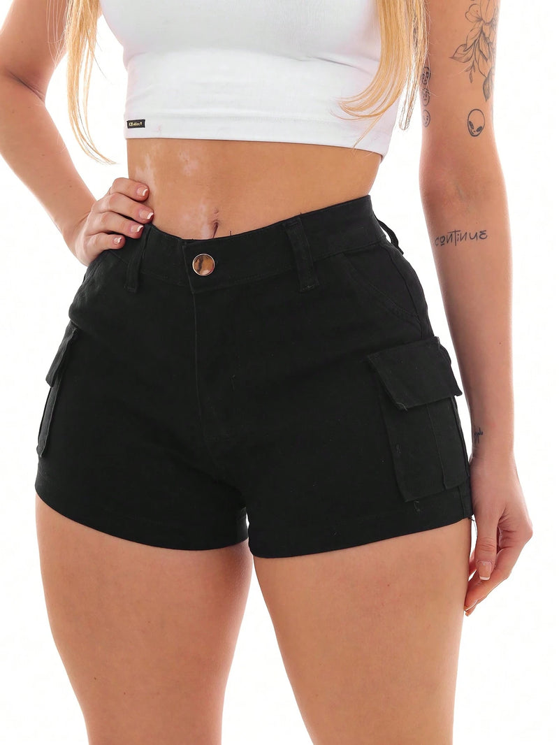 Shorts Sarja Cargo Feminino Preto – Estilo e Funcionalidade para o Dia a Dia FRETE GRATES