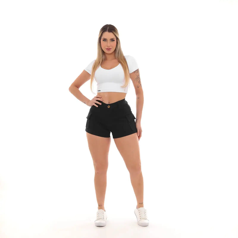 Shorts Sarja Cargo Feminino Preto – Estilo e Funcionalidade para o Dia a Dia FRETE GRATES